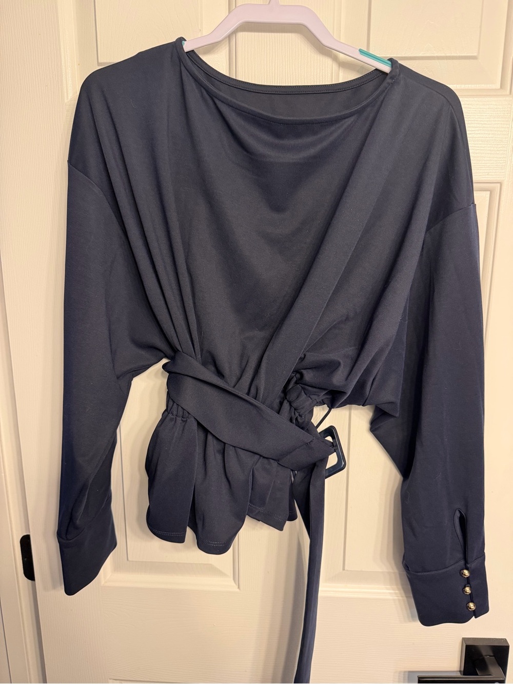 Ash Navy Wrap-Peplum Long Sleeve Blouse